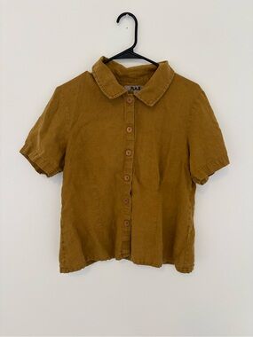 FLAX by Jeanne Engelhart Mustard 100% Linen Button-Front Top Women’s SMALL